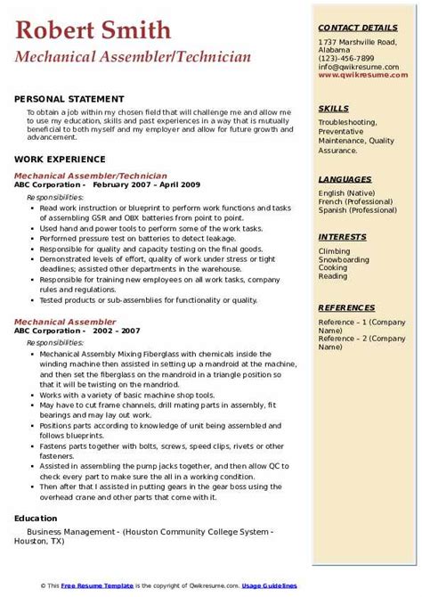 mechanical assembler resume|assembly technician resume sample.